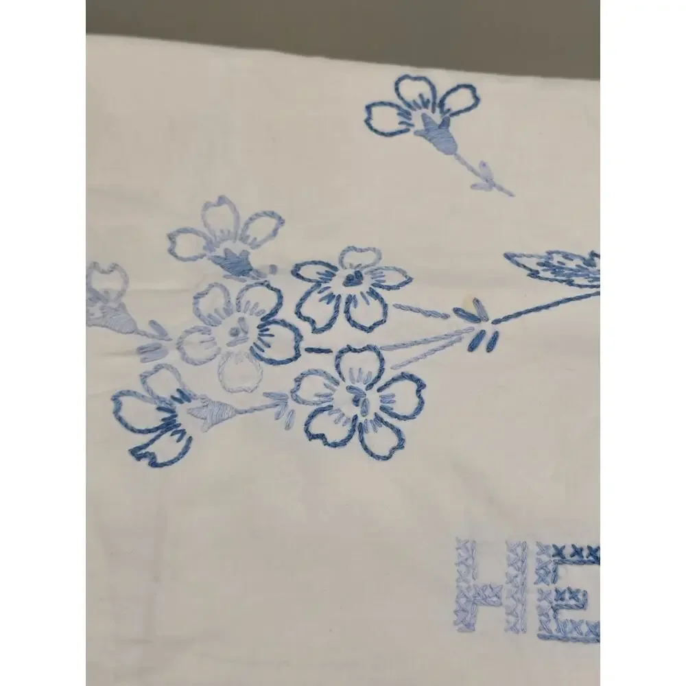 Vintage Embroidered His and Hers Pillowcases Blue Floral Crochet Trim Pair Set